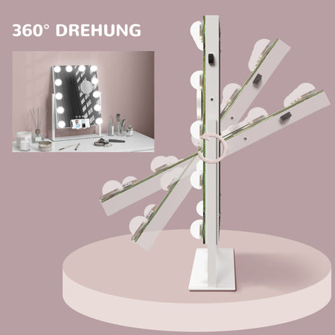 Rootz LED Makeup Mirror - Hollywood Vanity Mirror - Dressing Table Mirror - 12 LED Lamps - Adjustable Brightness - Cell Phone Holder - USB Port - 36.5cm x 45.5cm x 8.5cm