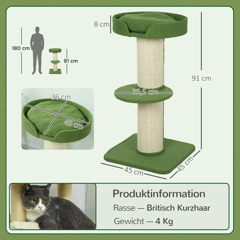 Rootz Cat Tree - Cat Tower - Scratching Post - Lamb Wool Comfort - 91cm x 45cm x 45cm - Green