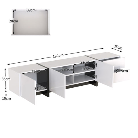 Rootz High Gloss TV Cabinet - Media Stand - Entertainment Unit - Ample Storage - 190L x 35W x 45H cm