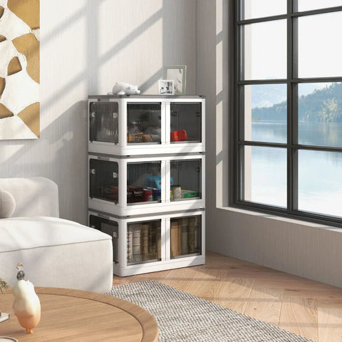 Rootz Storage Box - Set of 3 Folding Storage Box - With Wheels - Plastic - Foldable - White - 60 x 42 x 34 cm