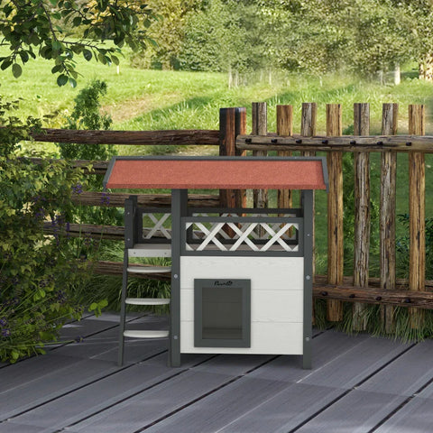 Rootz Cat House - Pet Kennel - Asphalt Roof - 2 Levels  1 Ladder - Fir Wood - White + Red - L77 x W50 x H73 cm