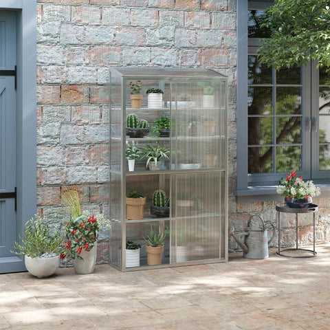 Rootz Greenhouse - Two Sliding Doors - Adjustable Shelves - Translucent - Aluminum Frame - Silver - 100 x 33 x 171 cm