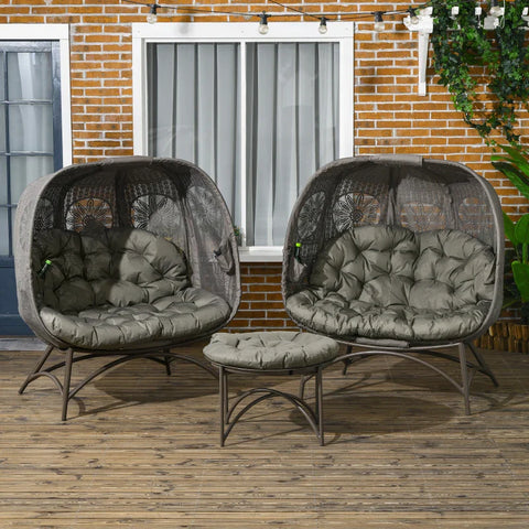 Rootz Garden Furniture Set - 2 Wicker Chairs - Side Table - Foldable - Seat Cushions - Metal Frame - Steel-Polyester - Sand - 110w X 52d X 40h Cm