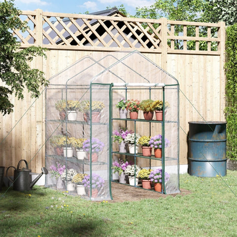 Rootz Walk-In Film Greenhouse - Garden Shed - Plant Shelter - Extends Growing Season - 6 Shelves - Roll-Up Zippered Door - 143cm x 143cm x 195cm
