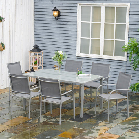 Rootz 7 Piece Garden Furniture Set - Outdoor Patio Set - Stackable Dining Set - Steel & Glass - Table 150x90x72cm, Chairs 55x60x87cm