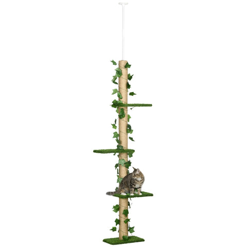 Rootz Floor-to-Ceiling Cat Tree - Height Adjustable Scratching Post - Artificial Leaves - Chipboard - 37cm x 21cm x 202-242cm