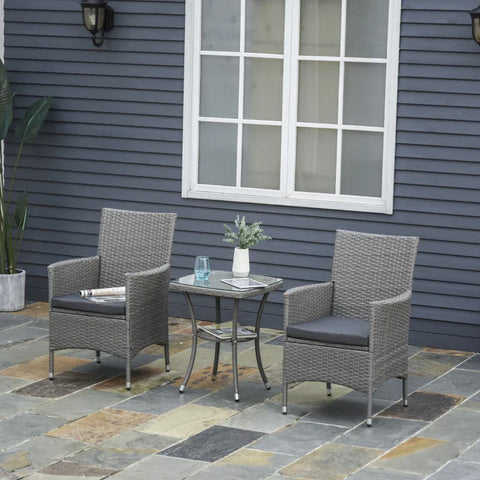 Rootz Rattan Garden Furniture Set With Side Table - Bistro Set - Balcony Furniture - Seating Set With Seat Cushion - Polyrattan + Steel - Gray - 60 x 58.5 x 89.5 cm