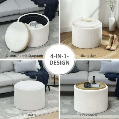 Rootz Round Storage Stool - Footrest - White Ottoman - Hidden Storage - 42cm Height