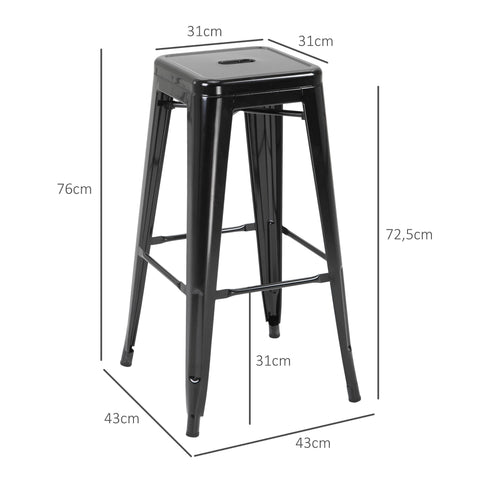 Rootz Set of 4 Industrial Stackable Bar Stools - Metal Chairs - Loft Style Seating - Footrest Comfort - 43cm x 43cm x 76cm