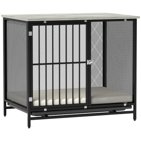 Rootz Dog Crate - Pet Kennel - Puppy Enclosure - Comfortable Mat - Lockable Door - Steel Grille - Easy to Clean Tray - Gray+Black - 80cm x 55cm x 71cm