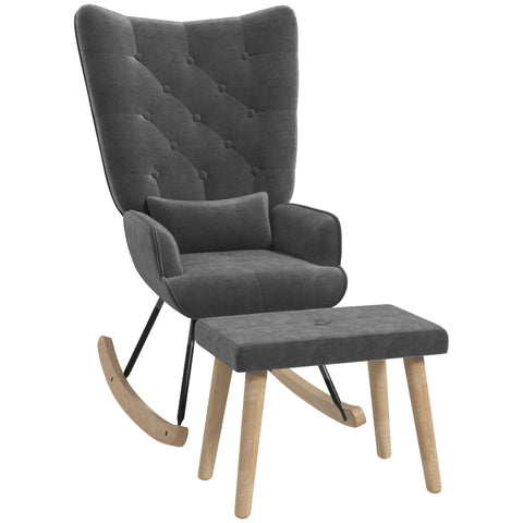 Rootz Lounge Chair and Stool Set - Modern Armchair - Upholstered Recliner - Velvet Padding - Rubber Wood Legs - Dark Gray - 66cm x 96cm x 101cm