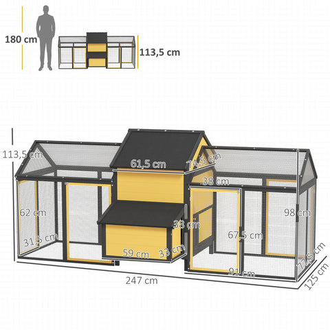 Rootz Small Animal Chicken Coop - Poultry Stable - Weatherproof Yellow Enclosure - Predator Protection - 247cm x 125cm x 113.5cm