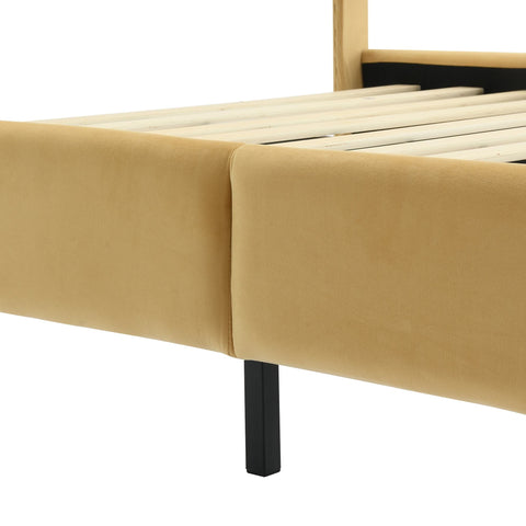 Rootz Upholstered Bed Frame - Velvet Platform Bed - LED Bed - Cozy Lighting - Fits 140x200 cm Mattress - 207x149x103 cm - Khaki
