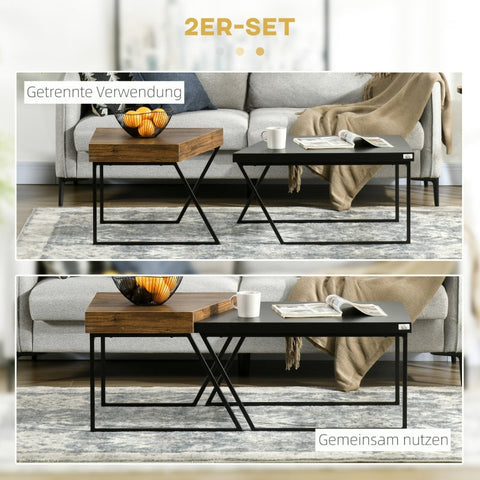Rootz Industrial Coffee Table Set - Side Table - Living Room Table - Rustic Brown+Black - Chipboard and Steel - 80cm x 60cm x 42cm, 60cm x 60cm x 46cm