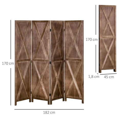 Rootz Interior Screen 4 Panels - Room Divider - Privacy Screen - Country-Chic Style - 182 x 170 cm - Walnut Finish