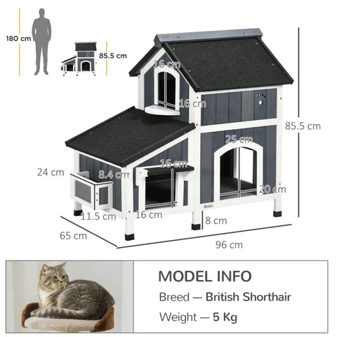 Rootz Outdoor Cat House - Two Level - Multiple Entrances - Water-Resistant Roof - Gray - 96 x 65 x 85.5cm