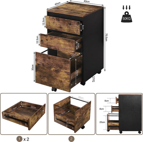 Rootz Mobile Filing Cabinet - Office Storage Unit - Rolling File Cabinet - Flexible Placement, Robust & Long-lasting, Efficient Storage - Vintage Wood Grain + Black - 40cm x 70cm x 40cm