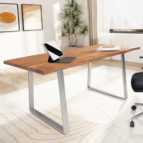 Rootz Solid Office Table - Natural Wood Desk - Modern Design - Trapezoidal Metal Legs - Handmade - Acacia Wood - 140cm x 80cm x 76cm