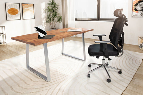 Rootz Solid Office Table - Natural Wood Desk - Modern Design - Trapezoidal Metal Legs - Handmade - Acacia Wood - 140cm x 80cm x 76cm