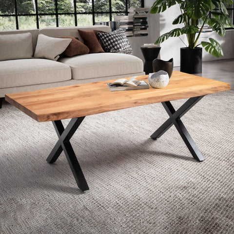 Rootz Modern Design Coffee Table - Handcrafted Table - Expressive Tree Edges - Large Table Top - Metal Legs - 120cm x 60cm x 46cm