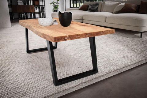 Rootz Handcrafted Solid Acacia Wood Coffee Table - Modern Design - Live Edge - Rectangular Top - U-Shaped Metal Legs - 120cm x 60cm x 46cm