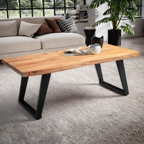 Rootz Handcrafted Solid Acacia Wood Coffee Table - Modern Design - Live Edge - Rectangular Top - U-Shaped Metal Legs - 120cm x 60cm x 46cm