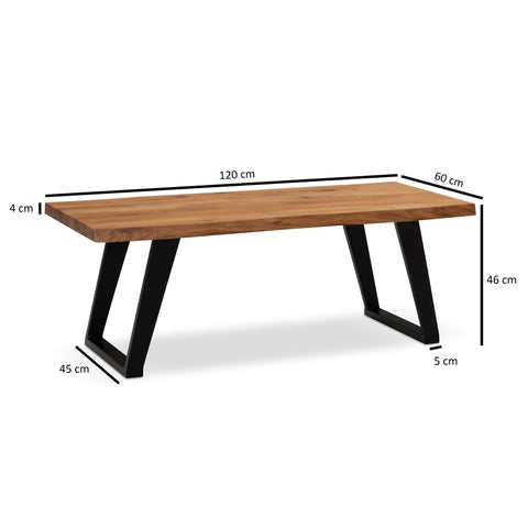 Rootz Handcrafted Solid Acacia Wood Coffee Table - Modern Design - Live Edge - Rectangular Top - U-Shaped Metal Legs - 120cm x 60cm x 46cm