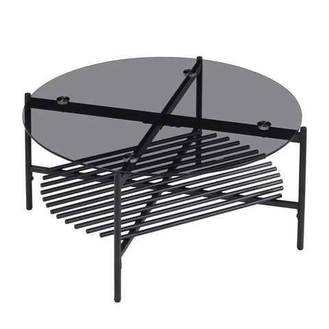 Rootz Modern Coffee Table - Round Glass Table - Black Metal Frame - Elegant And Compact - 80cm x 80cm x 40cm