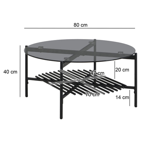 Rootz Modern Coffee Table - Round Glass Table - Black Metal Frame - Elegant And Compact - 80cm x 80cm x 40cm