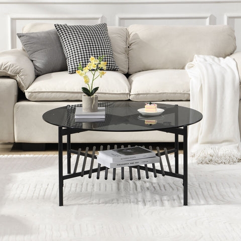 Rootz Modern Coffee Table - Round Glass Table - Black Metal Frame - Elegant And Compact - 80cm x 80cm x 40cm