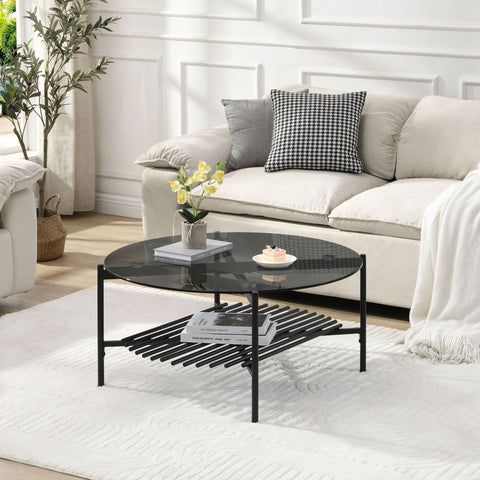 Rootz Modern Coffee Table - Round Glass Table - Black Metal Frame - Elegant And Compact - 80cm x 80cm x 40cm
