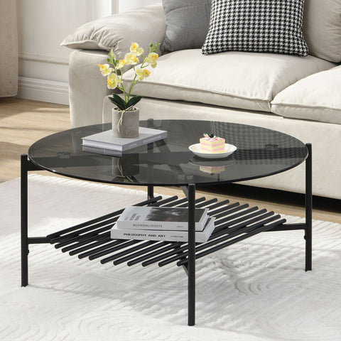 Rootz Modern Coffee Table - Round Glass Table - Black Metal Frame - Elegant And Compact - 80cm x 80cm x 40cm