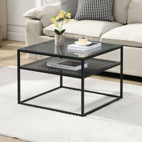 Rootz Modern Square Coffee Table - Elegant Transparent Top - Stylish Grid Design - Compact & Spacious - 60cm x 60cm x 45cm