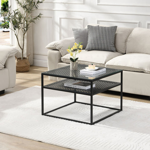 Rootz Modern Square Coffee Table - Elegant Transparent Top - Stylish Grid Design - Compact & Spacious - 60cm x 60cm x 45cm