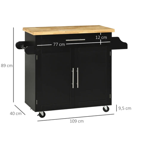 Rootz Kitchen Trolley - Kitchen Island - Serving Trolley - 1 Spice Rack - 1 Towel Holder - Rubber Wood - Black - 109L x 40W x 89H cm