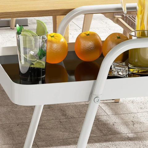 Rootz Outdoor Serving Trolley - Garden Cart - 2 Tier Wine Rack - Steel Frame - Tempered Glass - Black + White - 86.5 x 51 x 78 cm