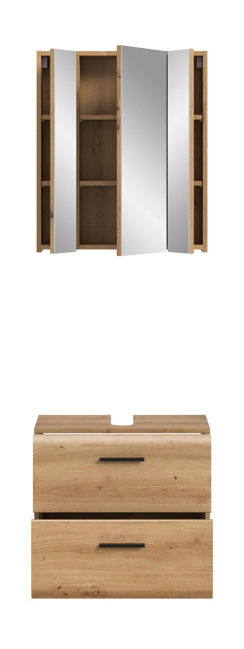 Rootz Bathroom Combination Set - Vanity Cabinet - Mirror Cabinet - Brown Finish - Space-saving Design - 60x185x30 cm