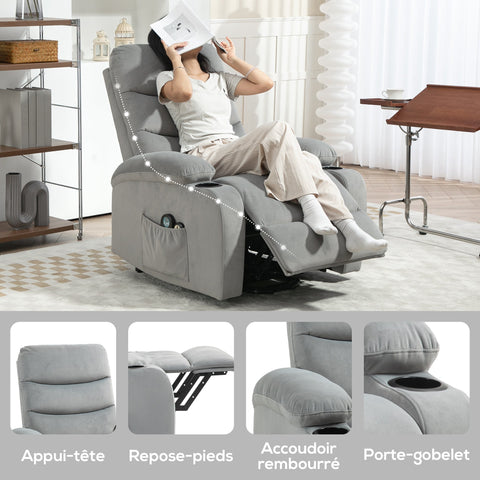 Rootz Electric Massaging & Heating Armchair - Velvet Recliner - Relax Chair - 8 Points & Lumbar Heating - 86x89x104 cm