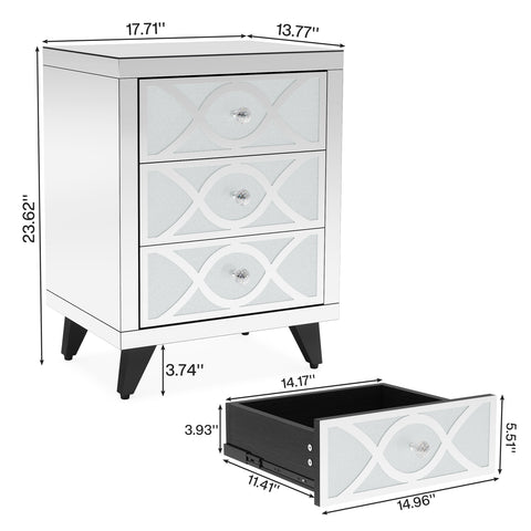 Rootz Mirrored Nightstand - Bedside Table - Crystal Drawers - 3-Drawer Storage - 35 cm D x 45 cm W x 60 cm H