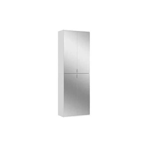Rootz Tall Cabinet in Wood Material - High-Gloss White - Mirror Front - System Furniture - 61cm x 193cm x 34cm