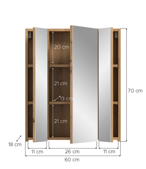 Rootz Mirror Cabinet - Bath Vanity - Reflective Storage - High-Quality MDF - 60x70x18 cm