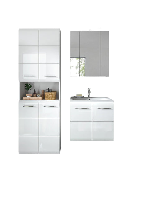 Rootz 5-Piece Bathroom Combo - Vanity Set - Tall Cabinet - High Gloss White - Ample Storage - 135x185x46 cm