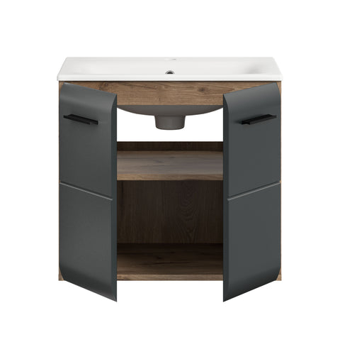 Rootz Vanity Unit with Washbasin - Bathroom Storage - Black and Brown - Ample Storage - 60x55x46cm