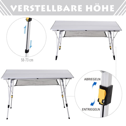 Rootz Picnic Folding Table - Height-Adjustable Camping Table - Portable Table - Aluminum - 120 x 70 x 58-73 cm - Includes Carrying Bag