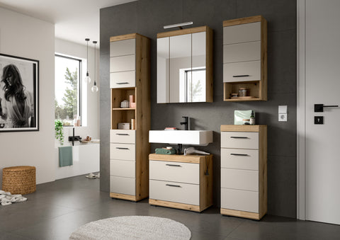 Rootz Bathroom Set - Washbasin Vanity Unit - Mirror Cabinet - Storage Solution - 60cm x 191cm x 34cm - Brown  - Space-Saving Design