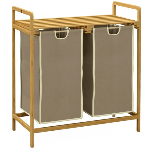 Rootz Laundry Basket - With 2 Laundry Bags - 1 Shelf - Bamboo - Drying Rack - Non-woven Fabric - Light Gray + Natural - 63.5 cm x 33 cm x 73 cm