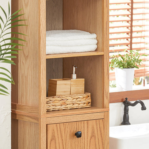 Rootz Narrow Bathroom Cabinet with Laundry Bag - Tall Storage Unit - Bathroom Shelf - Nature Finish - Ample Storage - Anti-Tip Safety Feature - Easy Assembly - 40cm x 172cm x 35cm
