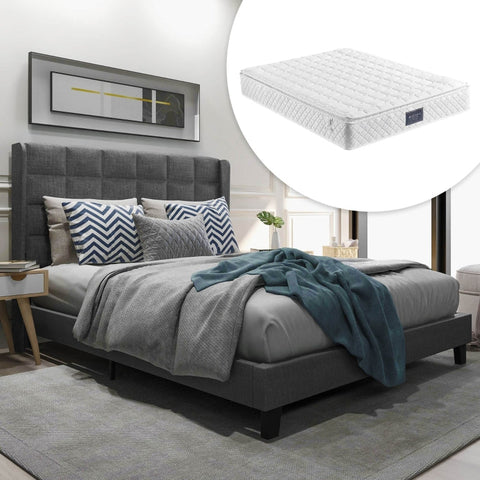 Rootz Double Bed with Headboard - Gray Double Bed - Padded Headboard Bed - Pocket Spring Mattress - 146L x 208W x 111H cm