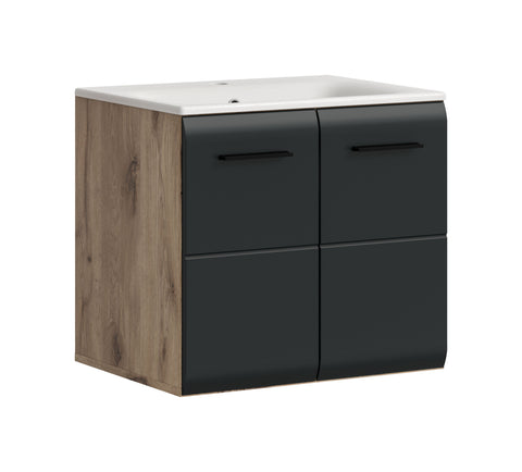 Rootz Vanity Unit with Washbasin - Bathroom Storage - Black and Brown - Ample Storage - 60x55x46cm