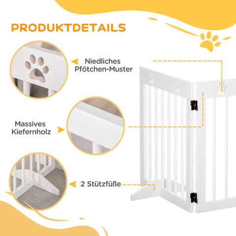 Rootz Pet Gate Barrier - Wooden Dog Guard - Folding Safety Gate - Sturdy Pinewood - Cute Paw Pattern - 204cm x 30cm x 61cm